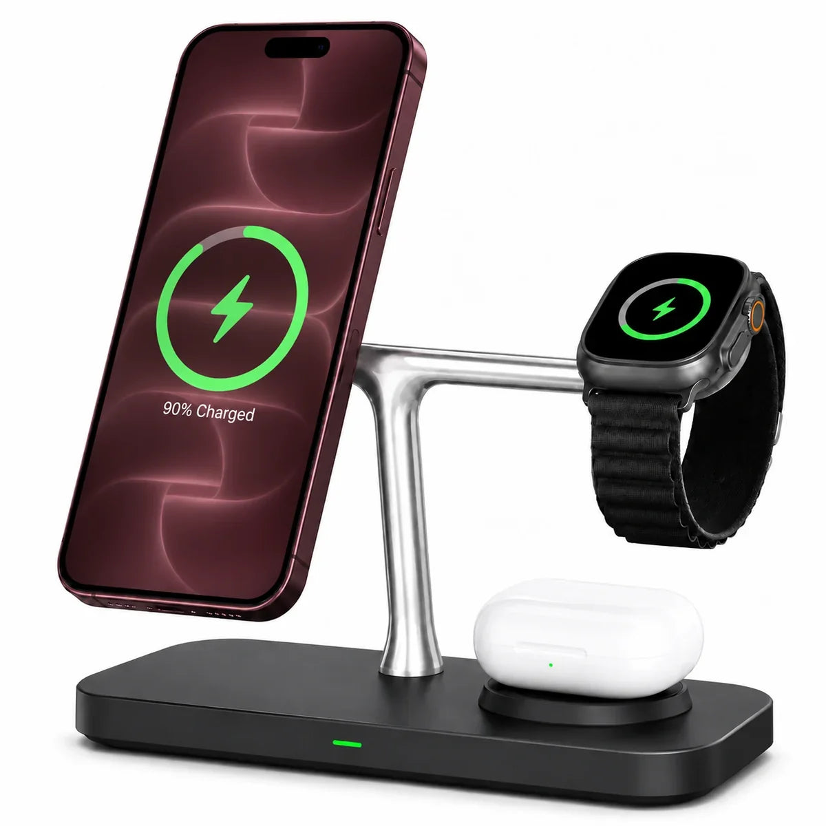 Midnight Black three device wireless charging station with Burgundy phone watch and earbuds. #color_Midnight Black
