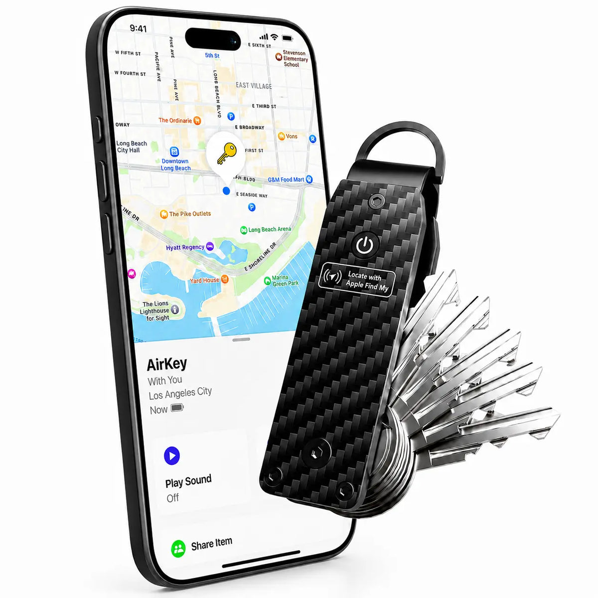 Carbon Weave compact tracking key organizer beside a tracking phone display #color_Carbon Weave