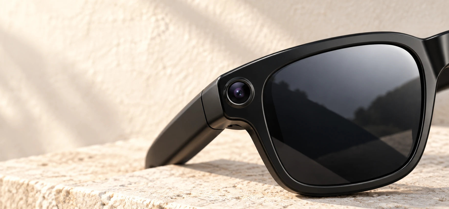 Close-up of the small camera beside a dark sunglass lens.