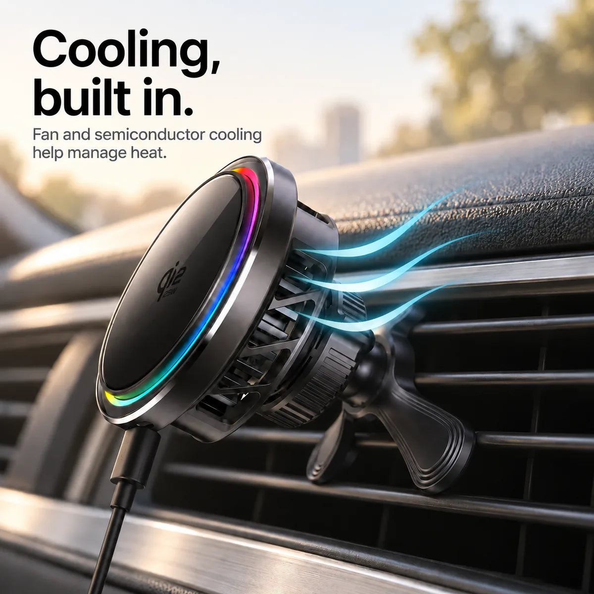 Black car charger cooling vents with blue illustrated airflow lines and text about fan and semiconductor cooling. #color_Midnight Black