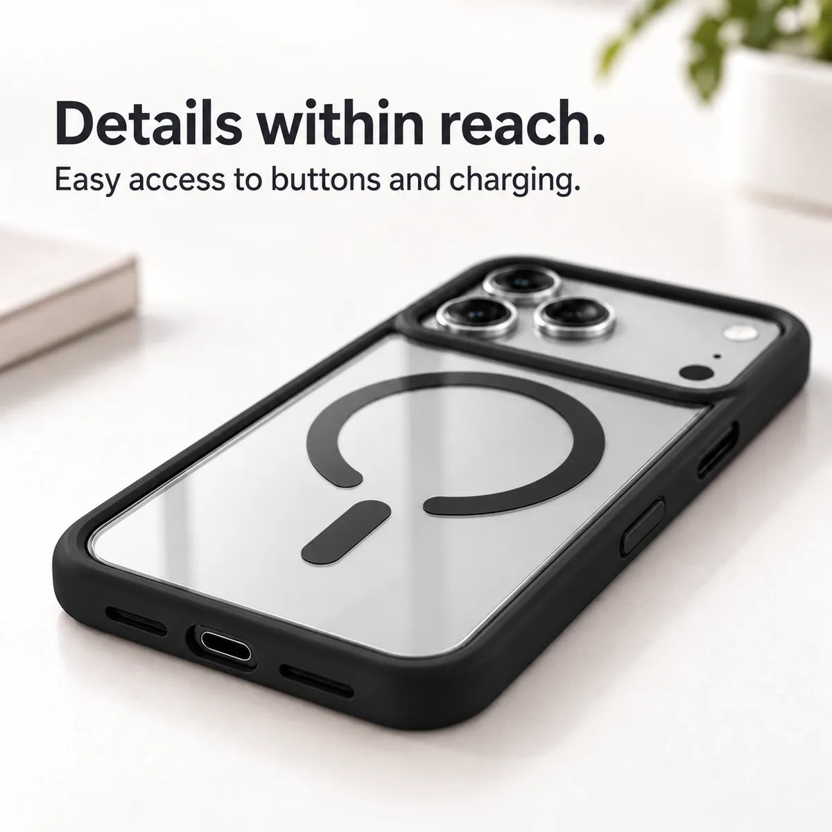 Black phone case with open charging and speaker ports and accessible side controls. #color_Midnight Black