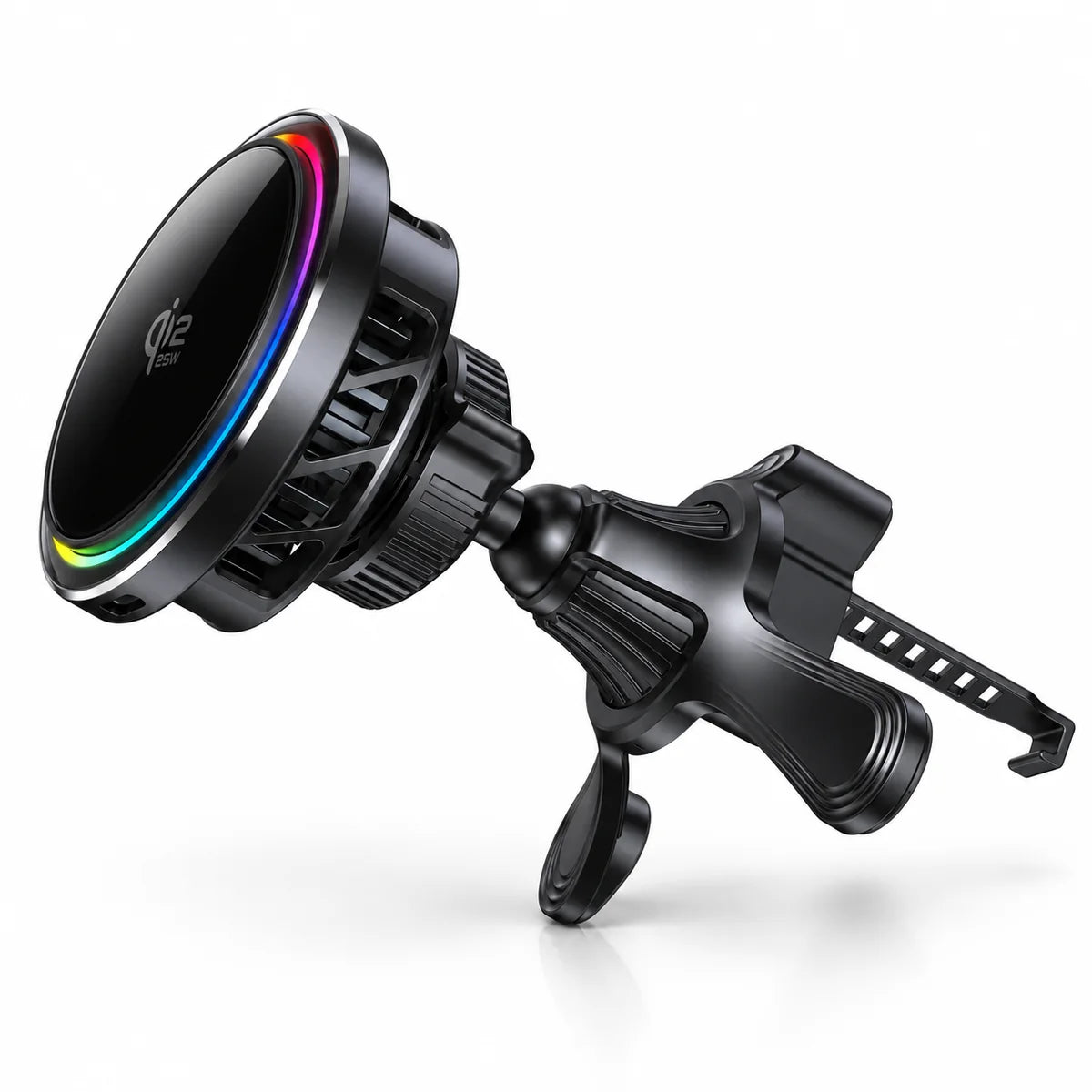 Black magnetic wireless car charger with a cooling vent housing and hook air vent mount on a white background. #color_Midnight Black