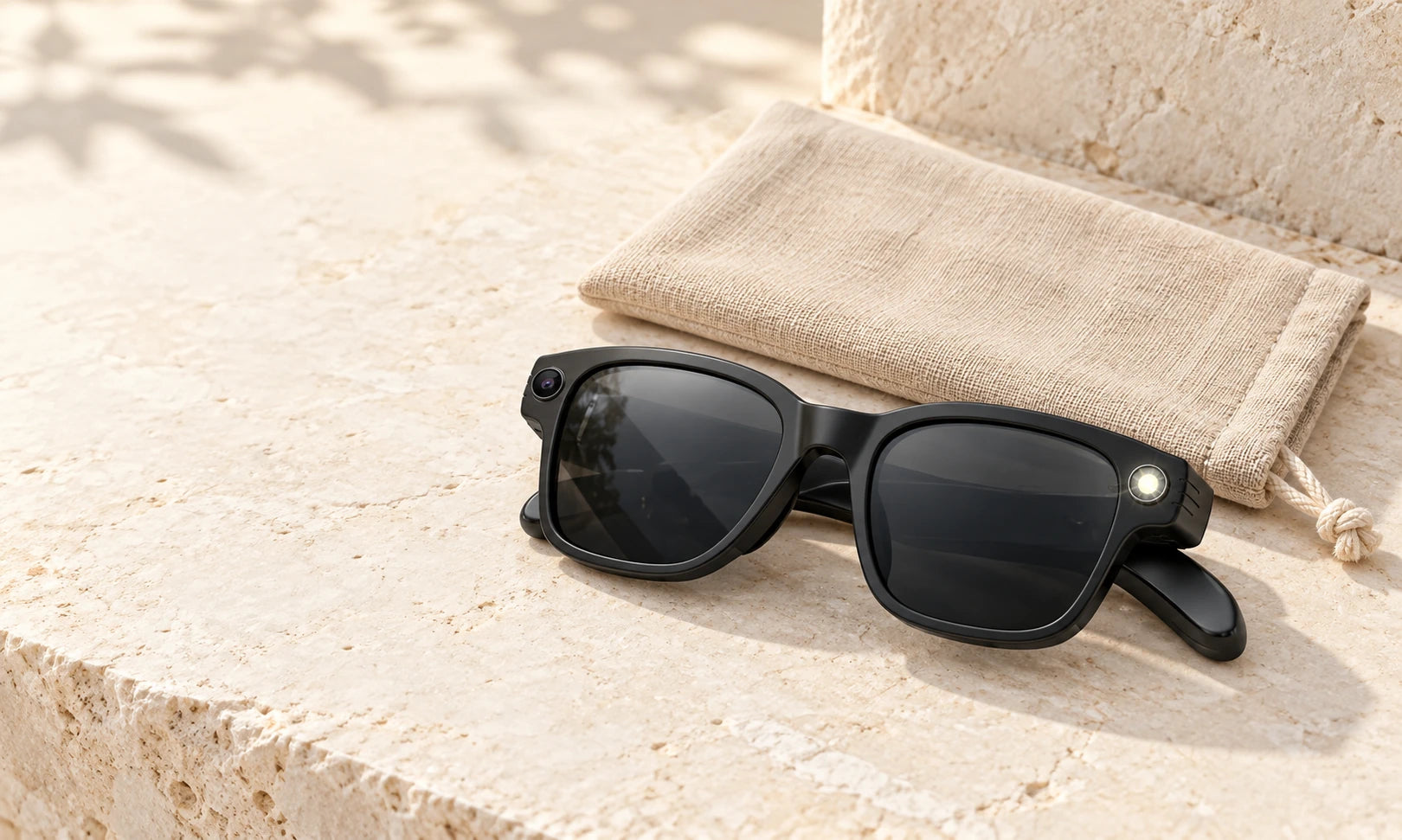 Black smart glasses folded beside a neutral glasses case.