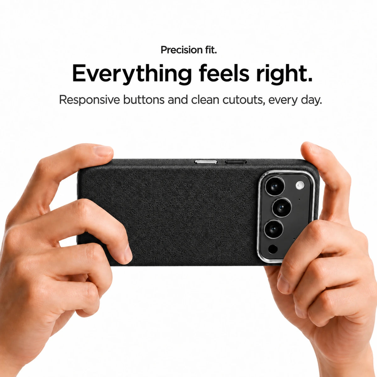 Black textured leather phone case held horizontally in two hands with side buttons visible #color_Stealth Black