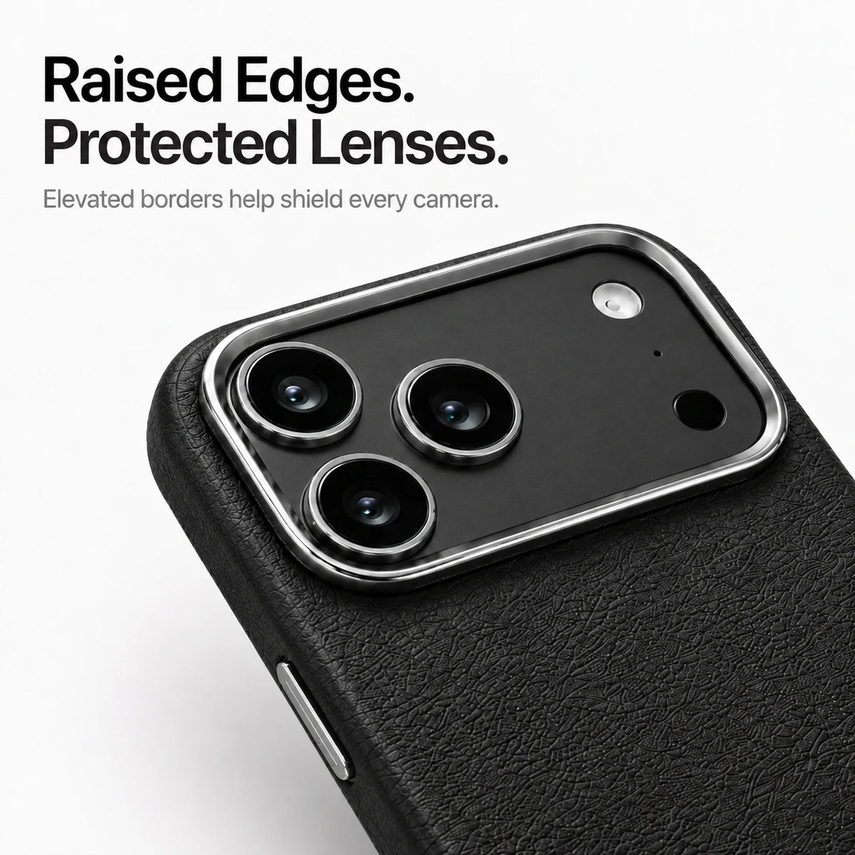 Black textured leather phone case in close-up showing the raised camera surround and lens edges #color_Stealth Black