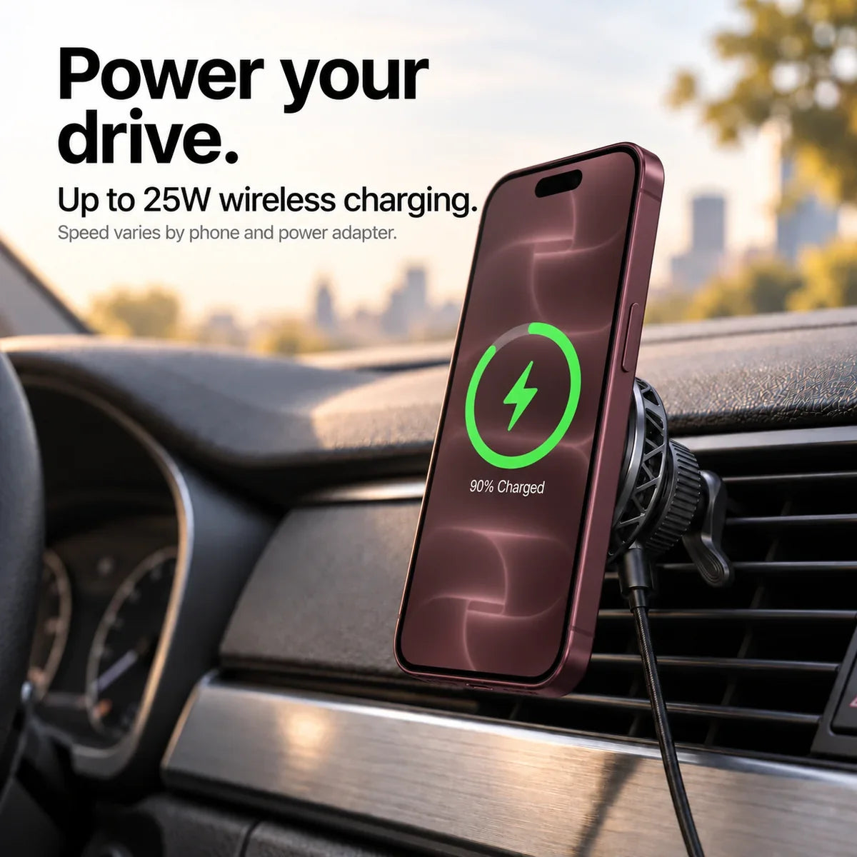 Burgundy iPhone with softly blurred Burgundy wallpaper and a green charging indicator on a black magnetic car charger; text describes up to 25W output. #color_Midnight Black