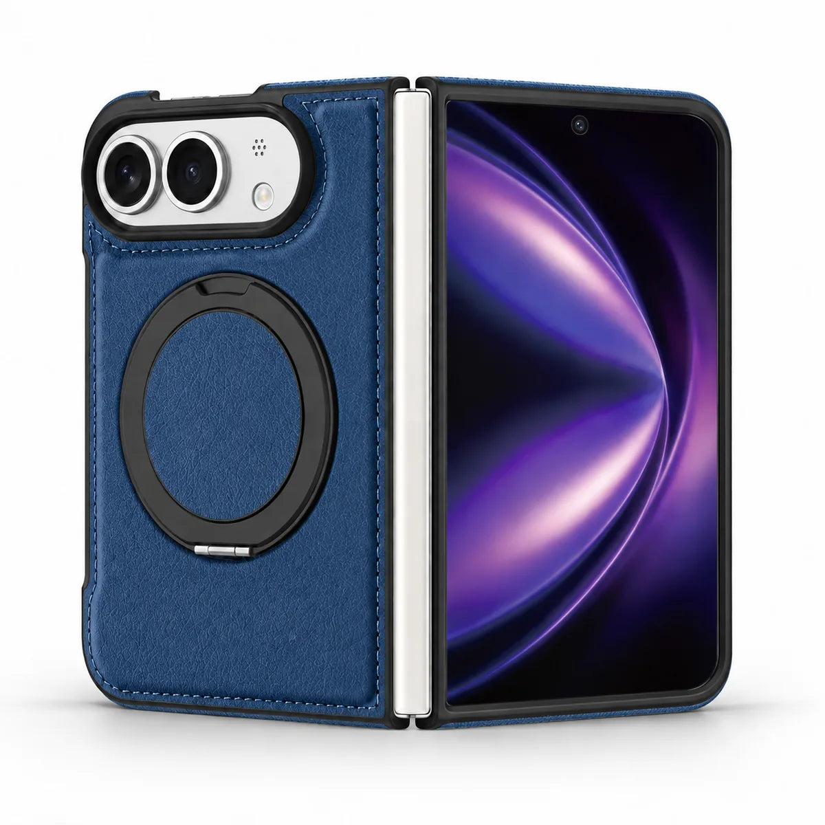 Deep Blue PU leather folding phone case shown open, with the camera back and folded ring stand on the left and the screen on the right. #color_Deep Blue
