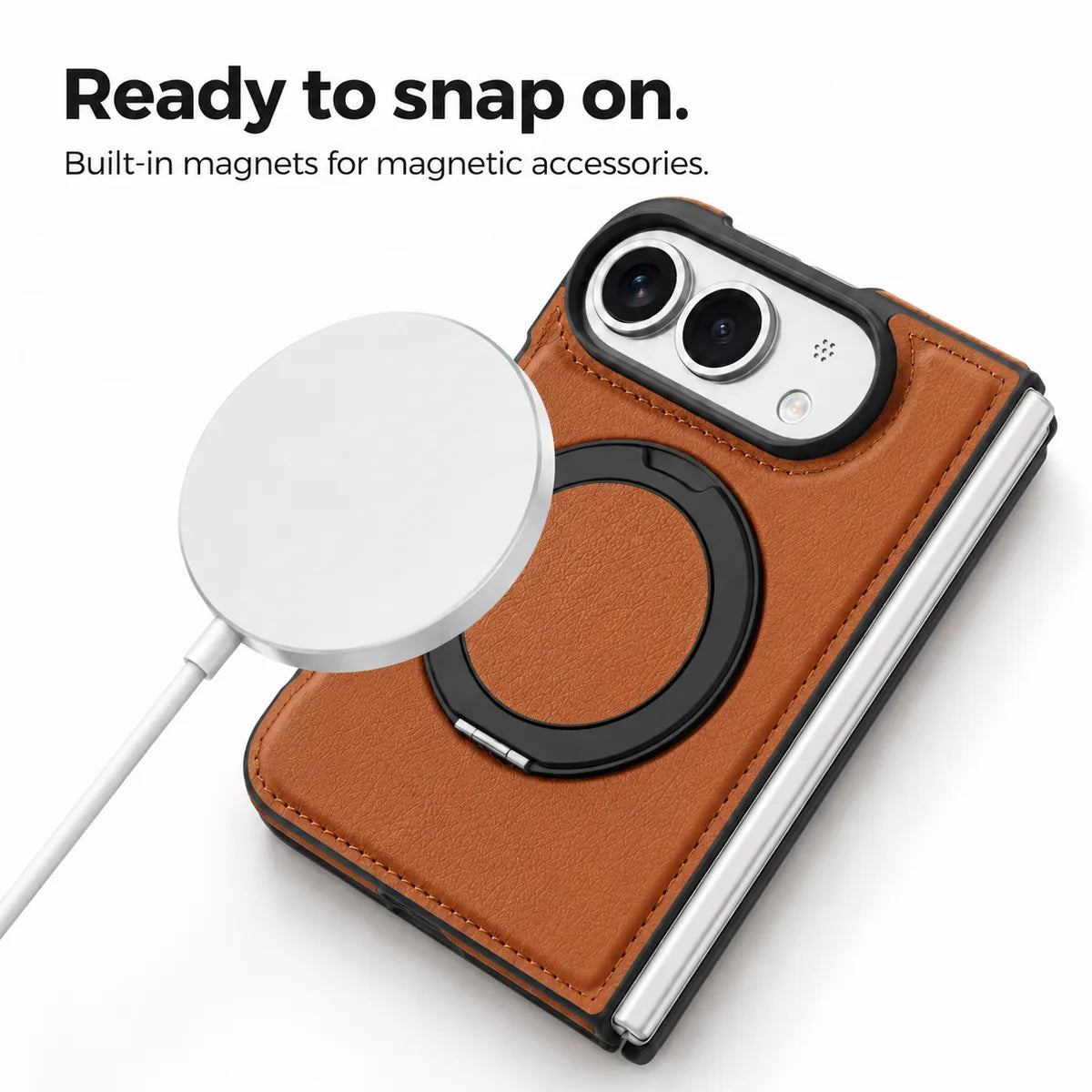 Textured synthetic leather phone case with a magnetic accessory beside the built-in ring. #color_Saddle Brown