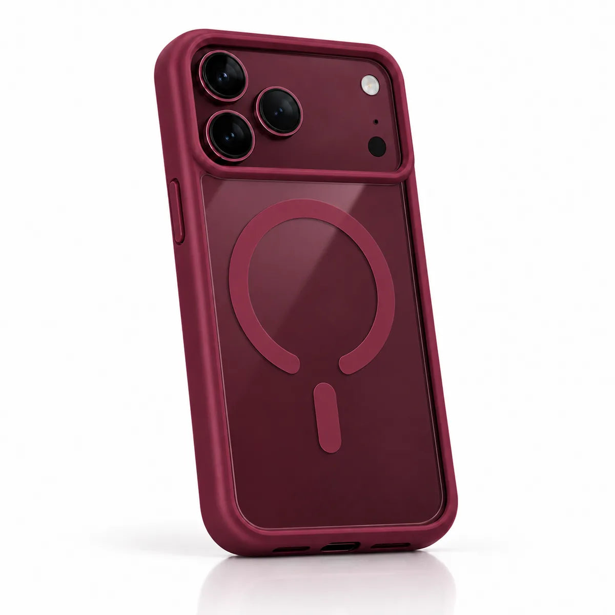 Burgundy clear back phone case with a matching frame and magnetic ring in a white studio. #color_Burgundy