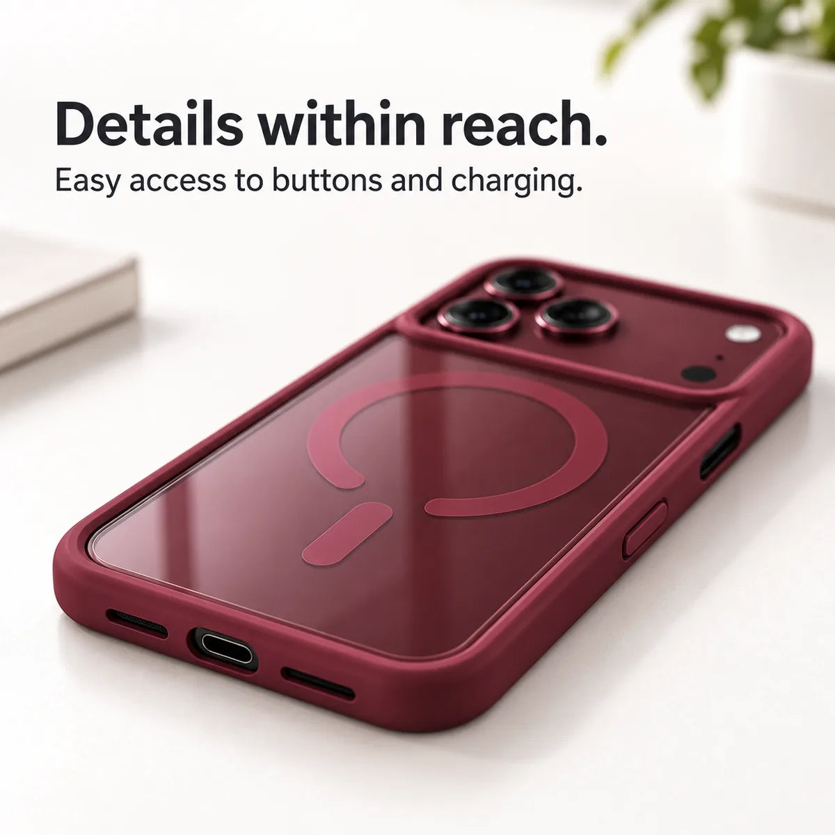 Burgundy phone case with open charging and speaker ports and accessible side controls. #color_Burgundy