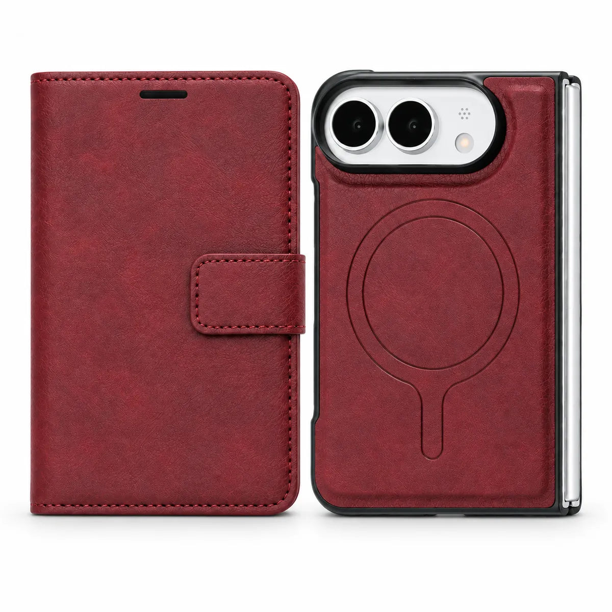 Closed Burgundy wallet folio beside the detachable magnetic phone case, shown from the rear. #color_Burgundy