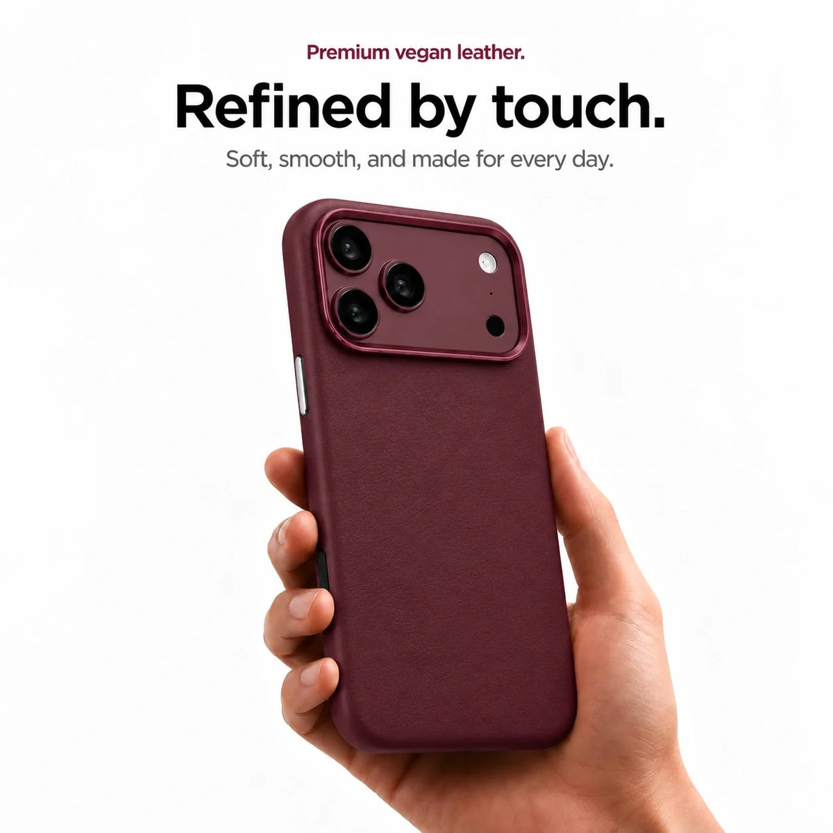 Burgundy leather-finish phone case held upright to show the textured finish #color_Burgundy