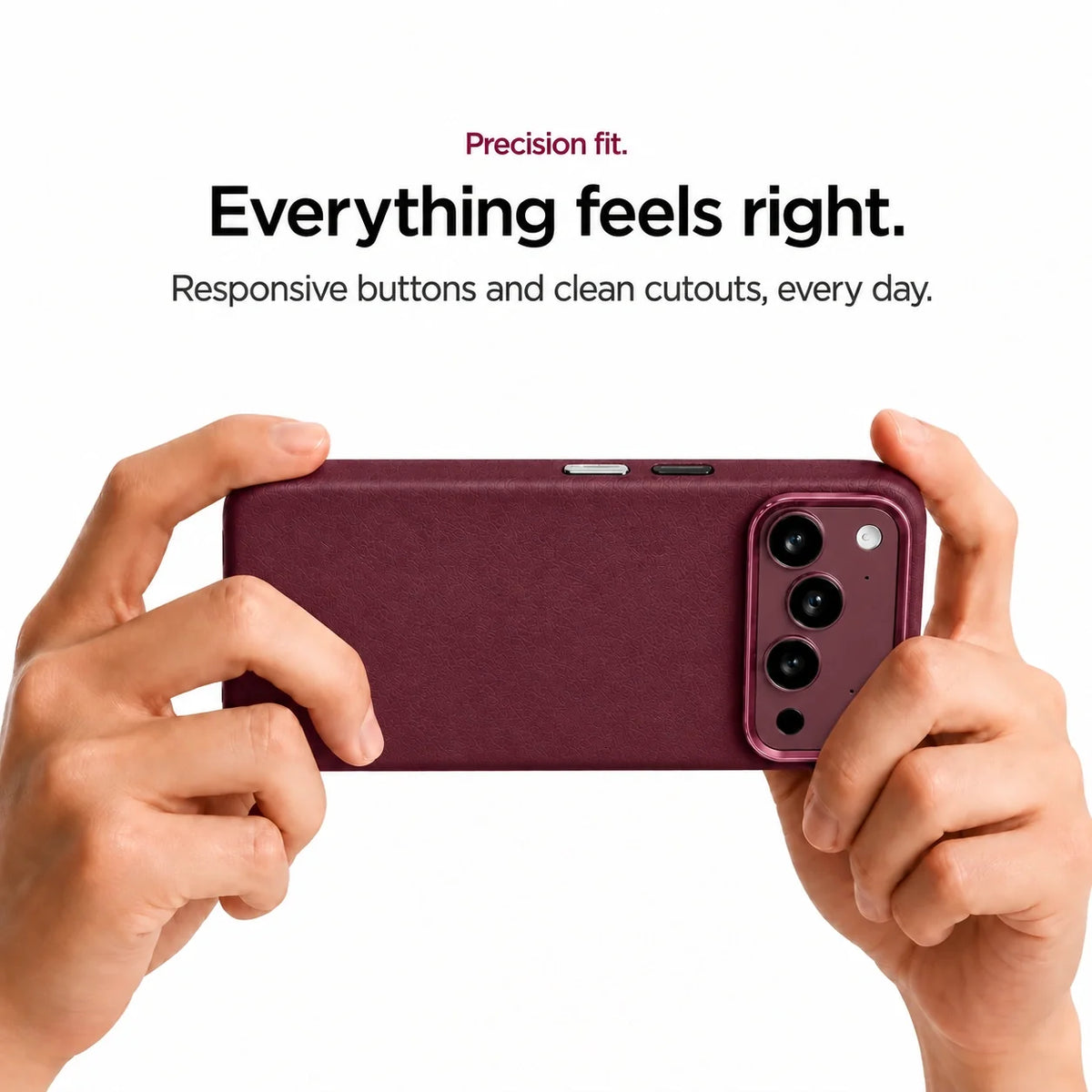 Burgundy leather-finish phone case held horizontally with both hands #color_Burgundy