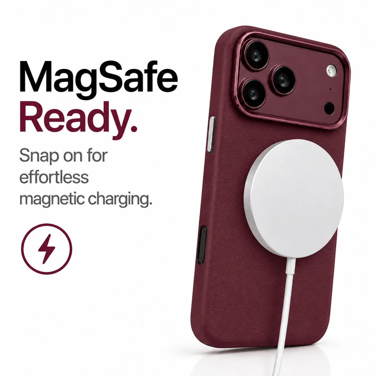 Burgundy leather-finish phone case with a magnetic wireless charging puck #color_Burgundy