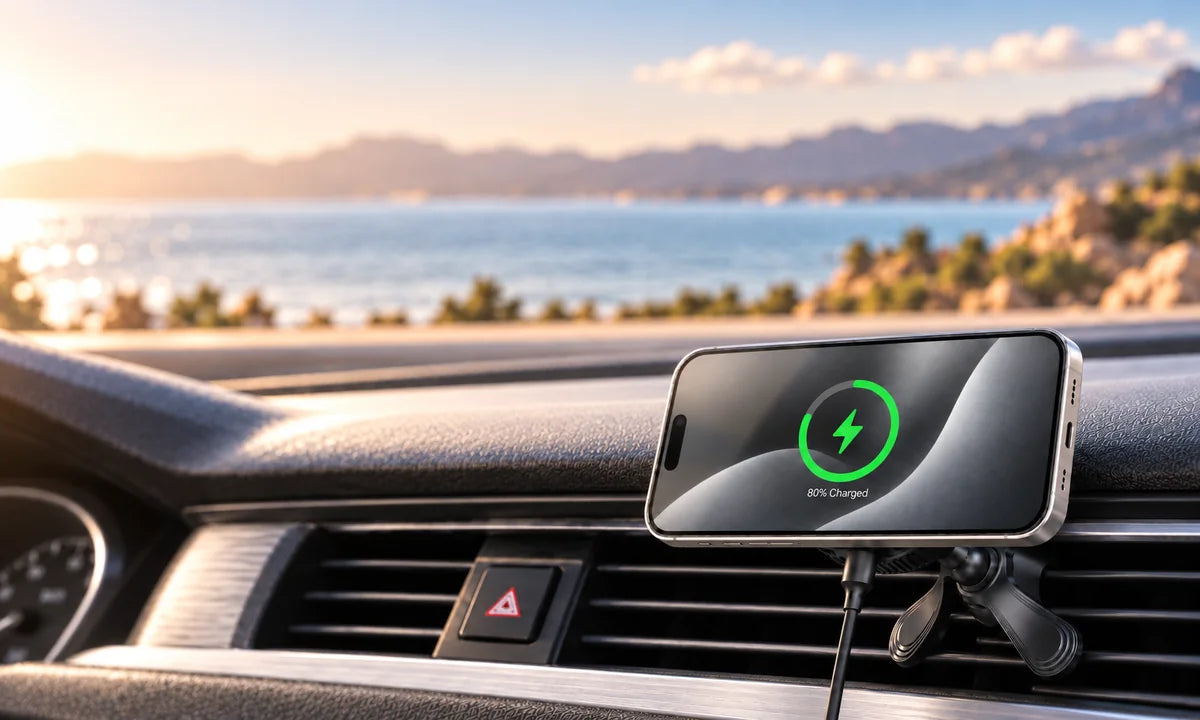 Silver iPhone with gray wallpaper and a green charging indicator positioned horizontally on a black magnetic car charger in a parked car.
