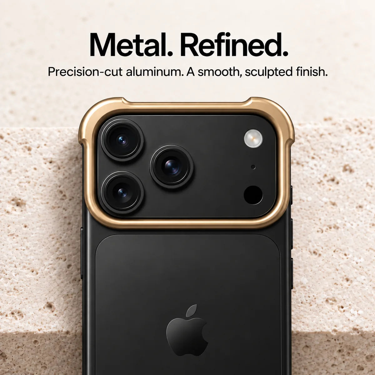 Gold metal phone bumper in a close-up of the sculpted camera surround #color_Champagne Gold
