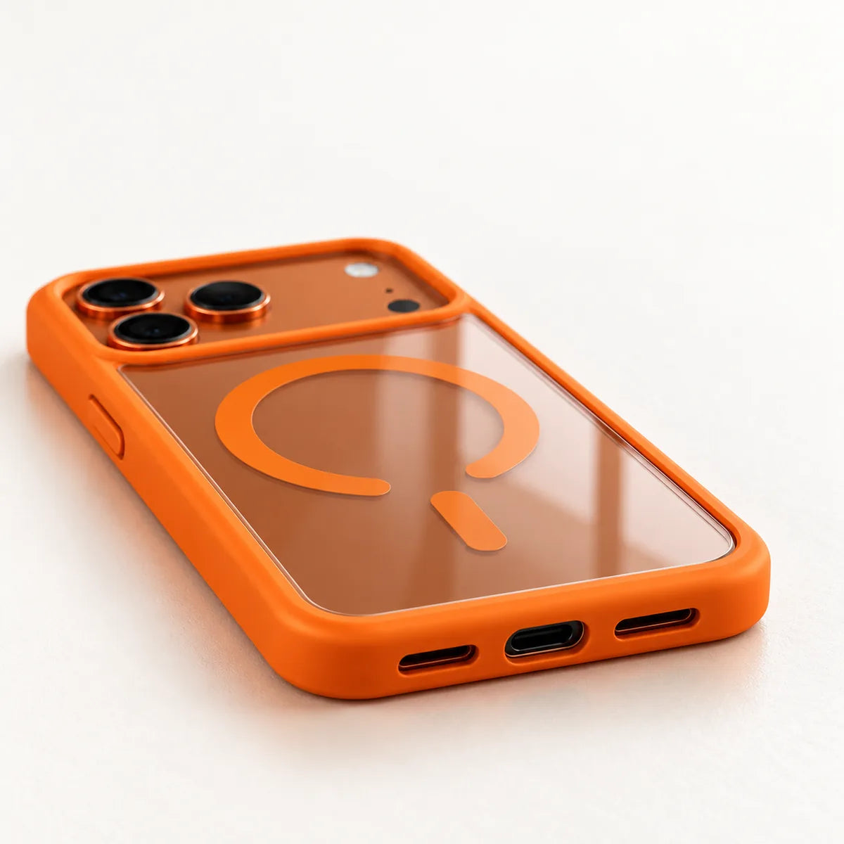 Orange phone case showing the charging port, speaker openings and side control.