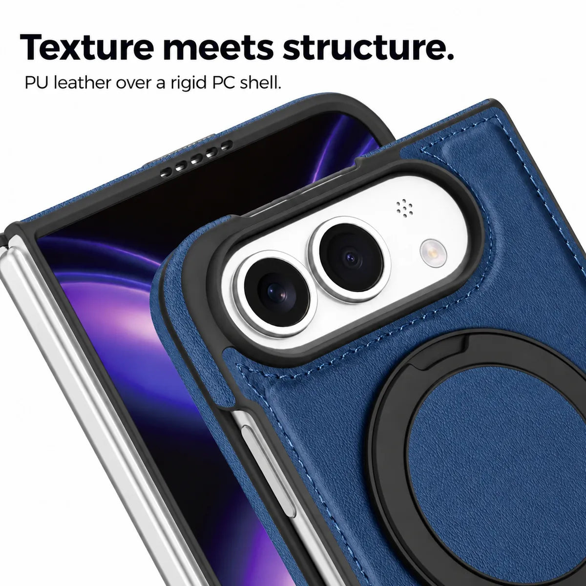 Close-up of the synthetic leather texture, stitching and raised camera surround. #color_Deep Blue
