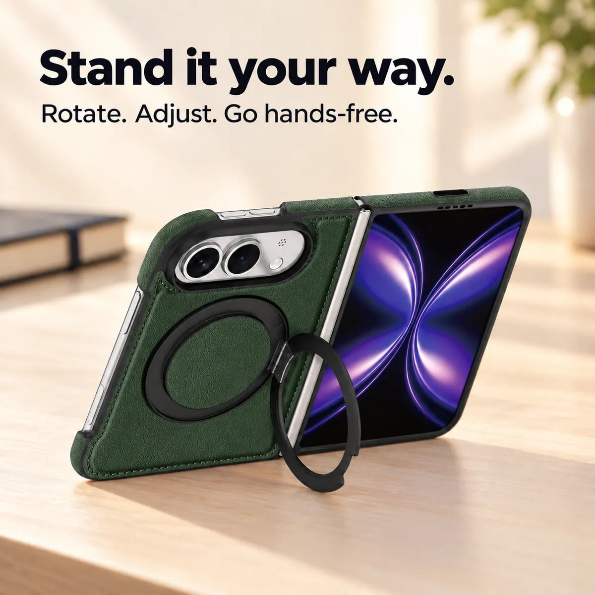 Textured synthetic leather folding phone case with its ring stand deployed on a desk. #color_Forest Green
