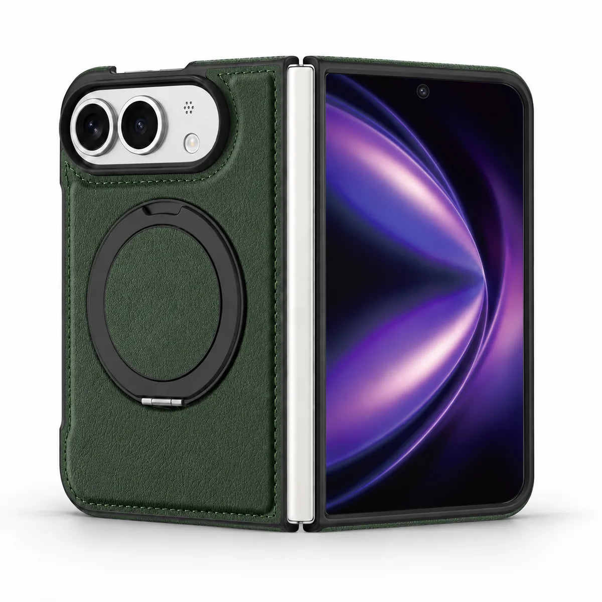 Forest Green PU leather folding phone case shown open, with the camera back and folded ring stand on the left and the screen on the right. #color_Forest Green