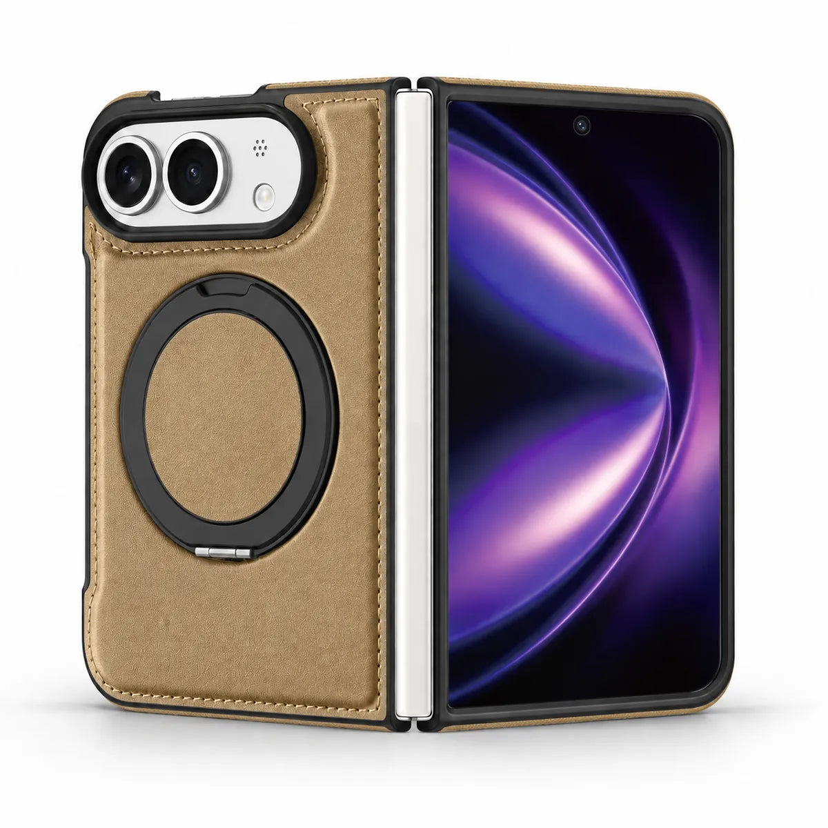 Desert Gold PU leather folding phone case shown open, with the camera back and folded ring stand on the left and the screen on the right. #color_Desert Gold