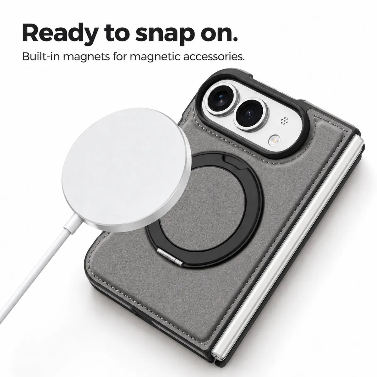 Textured synthetic leather phone case with a magnetic accessory beside the built-in ring. #color_Titanium Gray