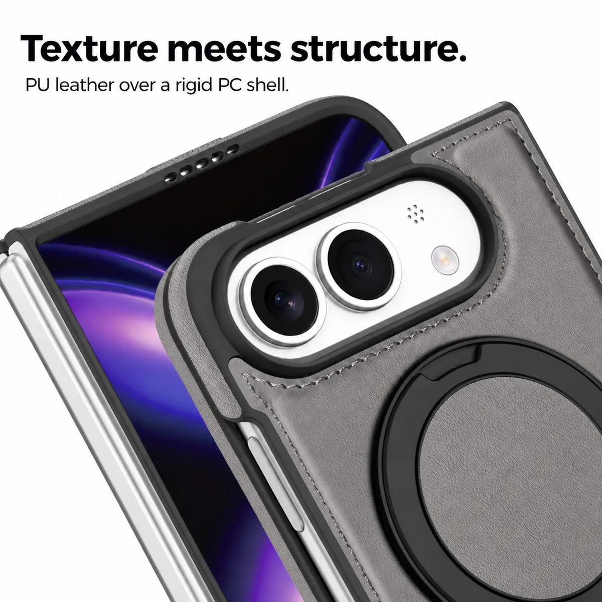 Close-up of the synthetic leather texture, stitching and raised camera surround. #color_Titanium Gray