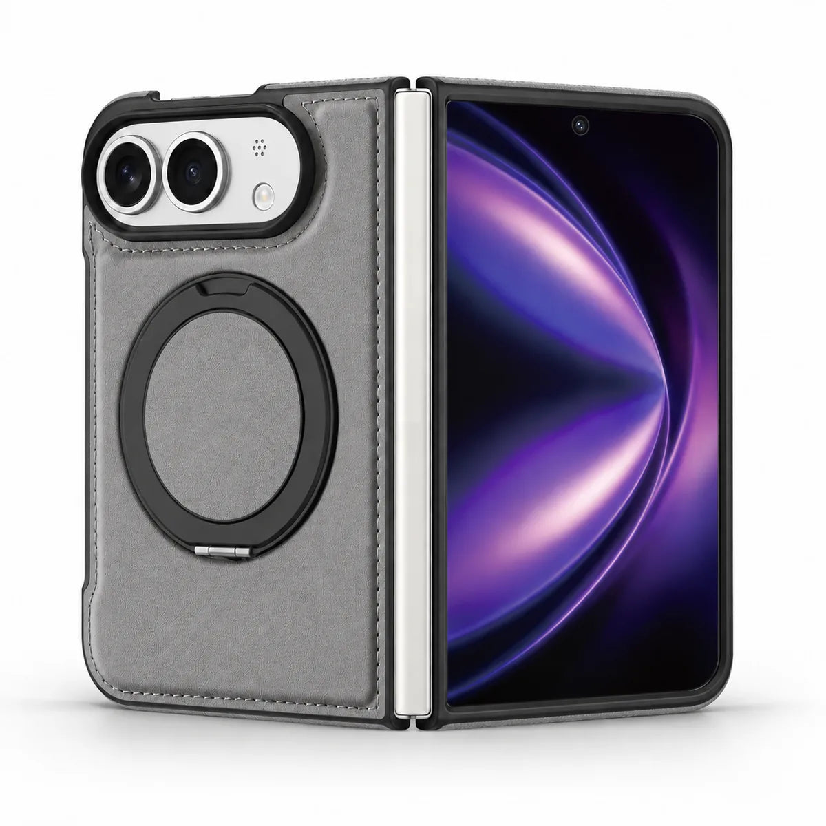 Titanium Gray PU leather folding phone case shown open, with the camera back and folded ring stand on the left and the screen on the right. #color_Titanium Gray