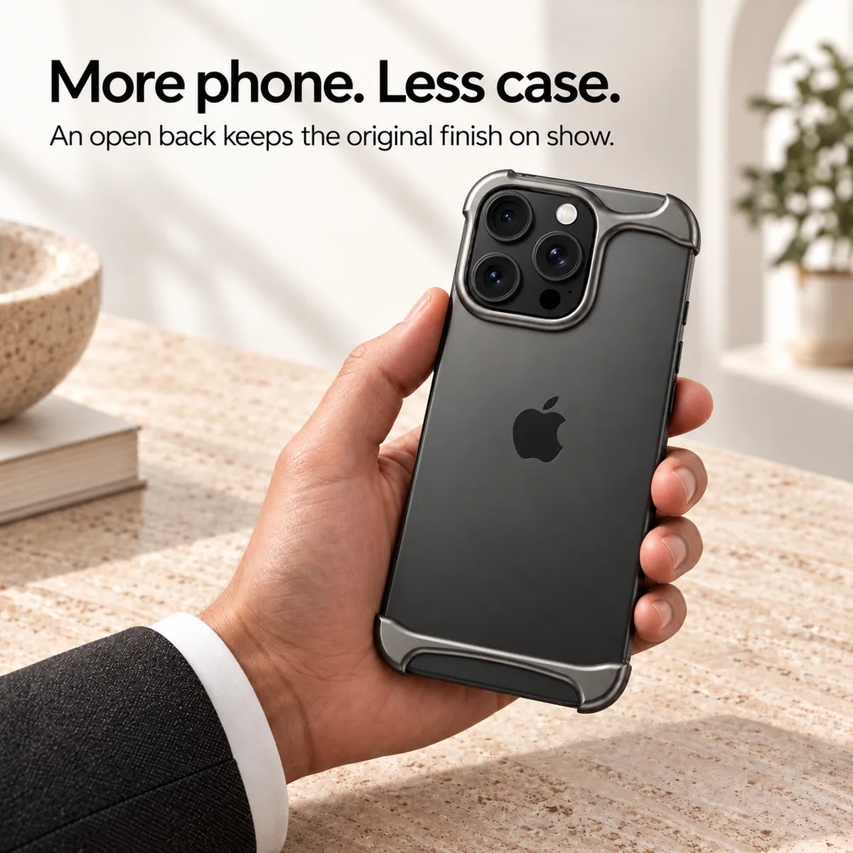 Gray two-piece metal phone bumper showing the exposed phone back #color_Gray