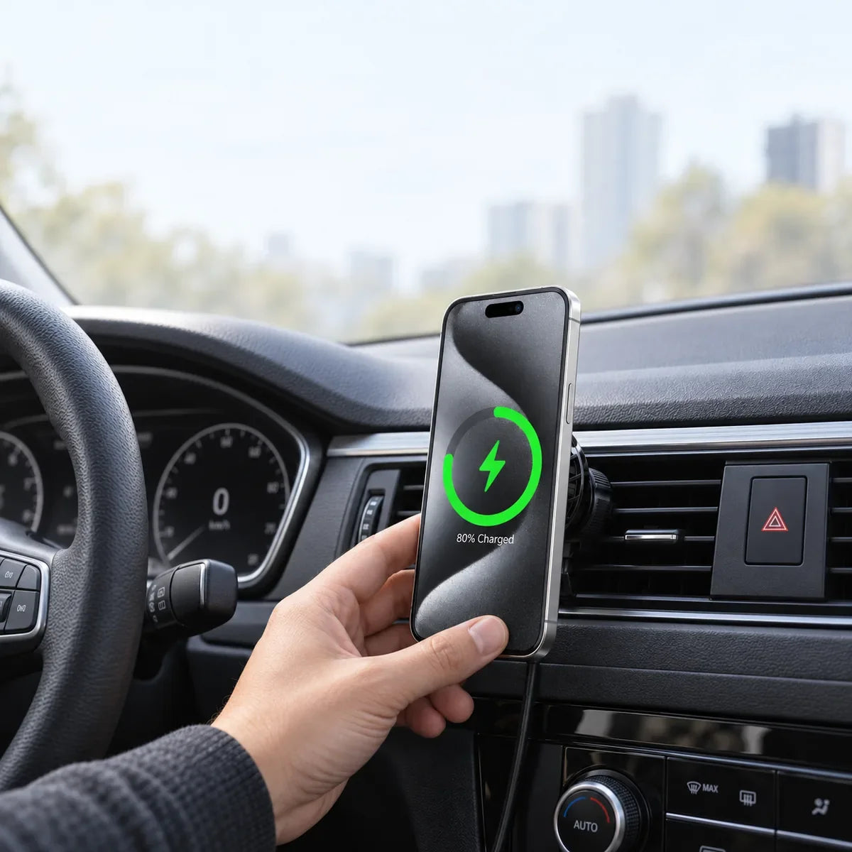 A hand placing a silver phone on a black magnetic vent charger in a parked car, with matching gray wallpaper and a green charging indicator.