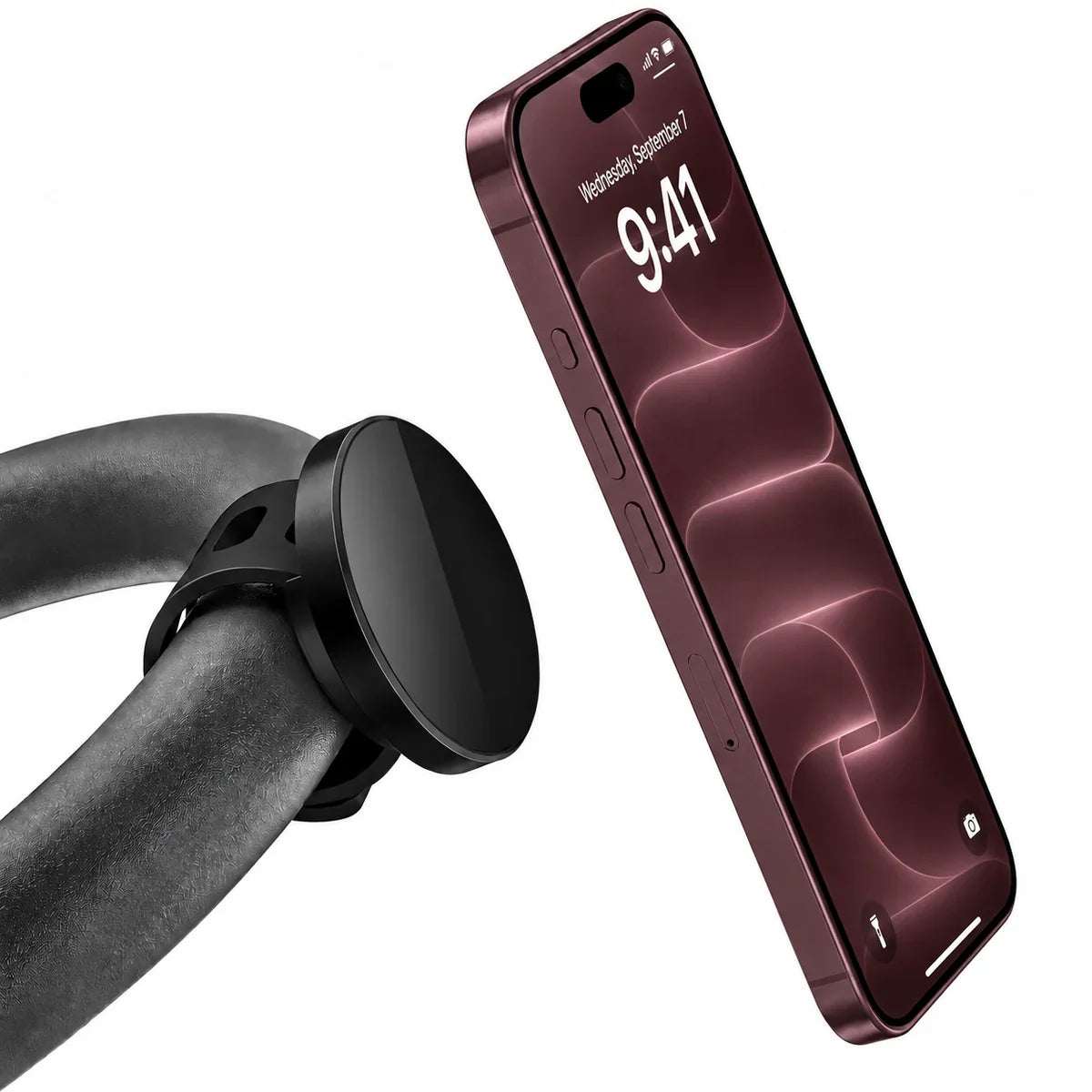 Black magnetic strap mount holding a Burgundy iPhone with matching wallpaper on a bike handlebar.