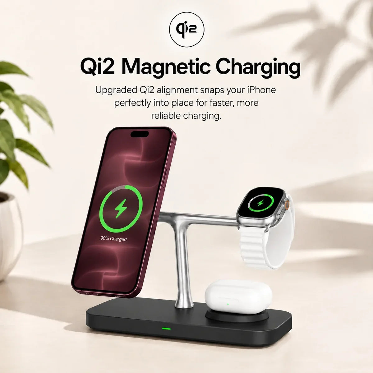 Midnight Black three device wireless charging station holding a Burgundy phone magnetically. #color_Midnight Black