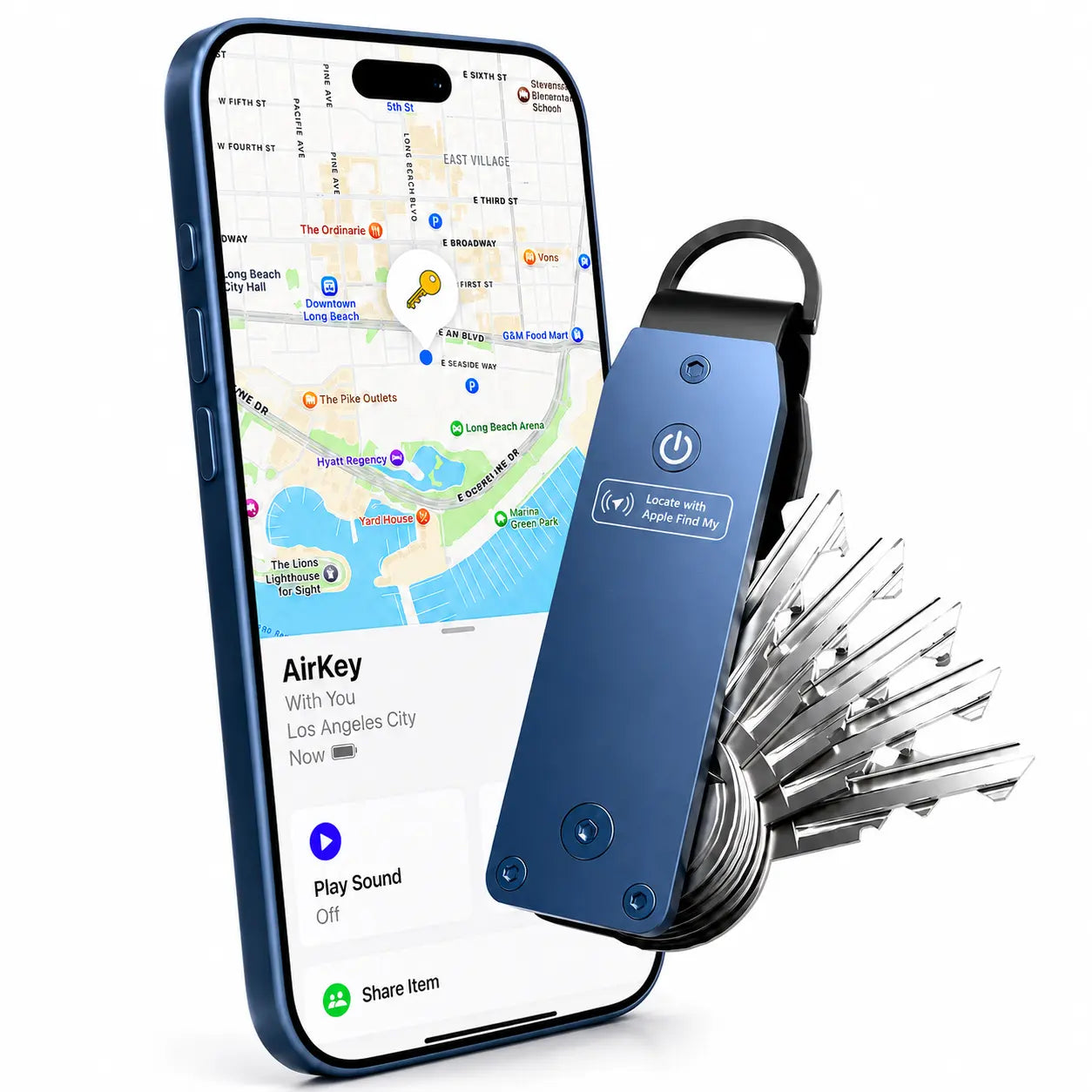 Horizon Blue compact tracking key organizer beside a tracking phone display #color_Horizon Blue