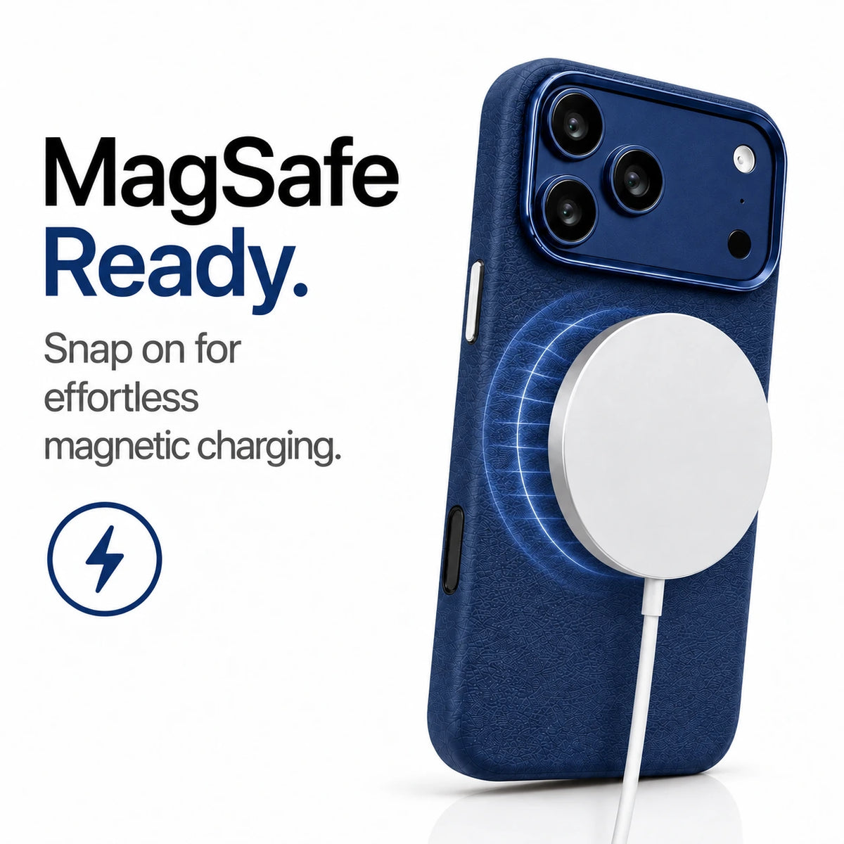 Navy blue textured leather phone case attached to a white magnetic wireless charging puck #color_Deep Blue