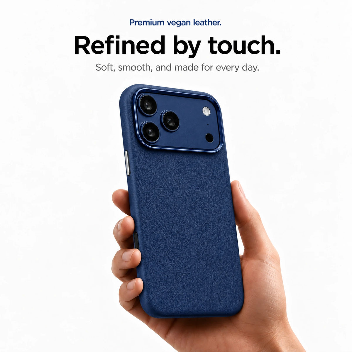 Navy blue textured leather phone case held upright in one hand #color_Deep Blue