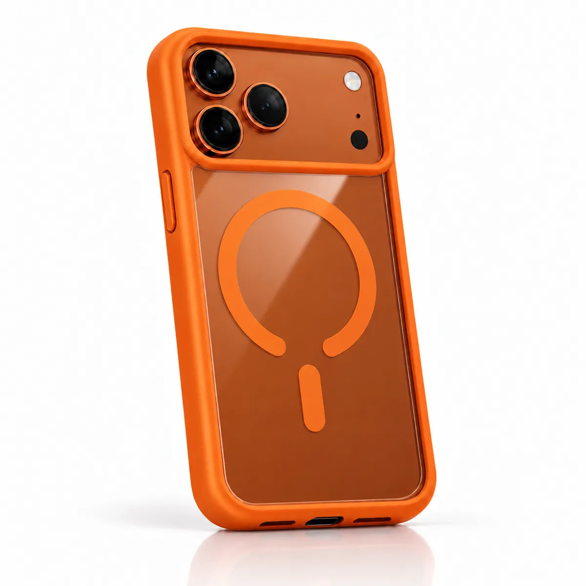 Orange clear back phone case with a matching frame and magnetic ring in a white studio. #color_Cosmic Orange