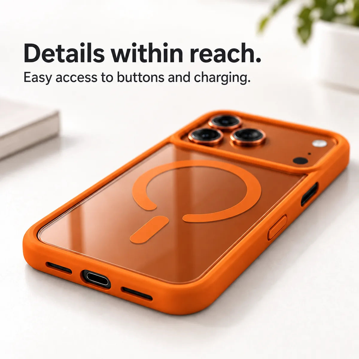 Orange phone case with open charging and speaker ports and accessible side controls. #color_Cosmic Orange