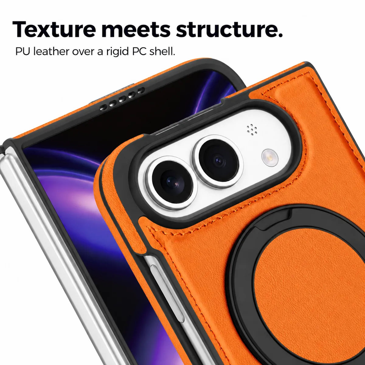 Close-up of the synthetic leather texture, stitching and raised camera surround. #color_Cosmic Orange