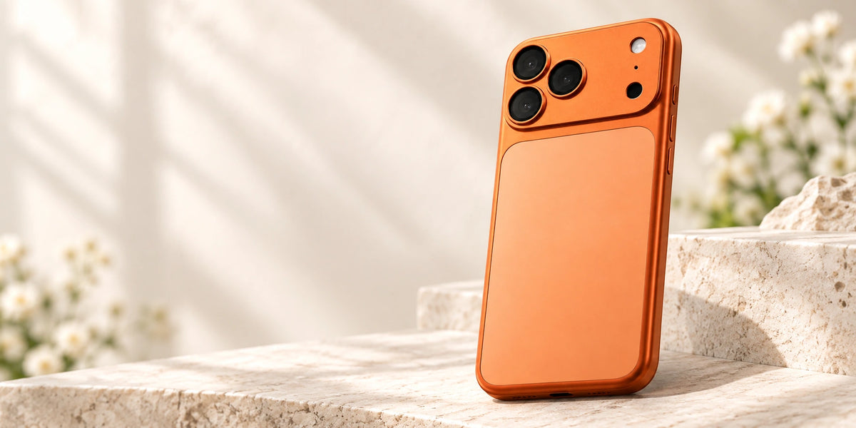 Orange magnetic backplate fitted precisely to a smartphone with aligned camera openings.