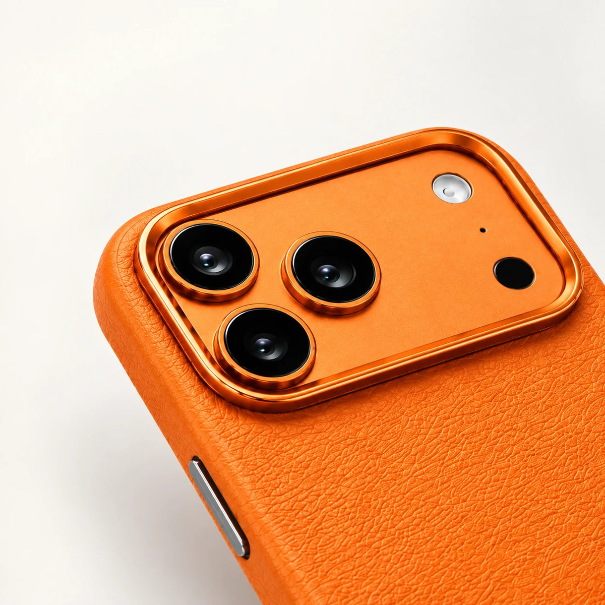 Orange leather case with a raised camera surround.