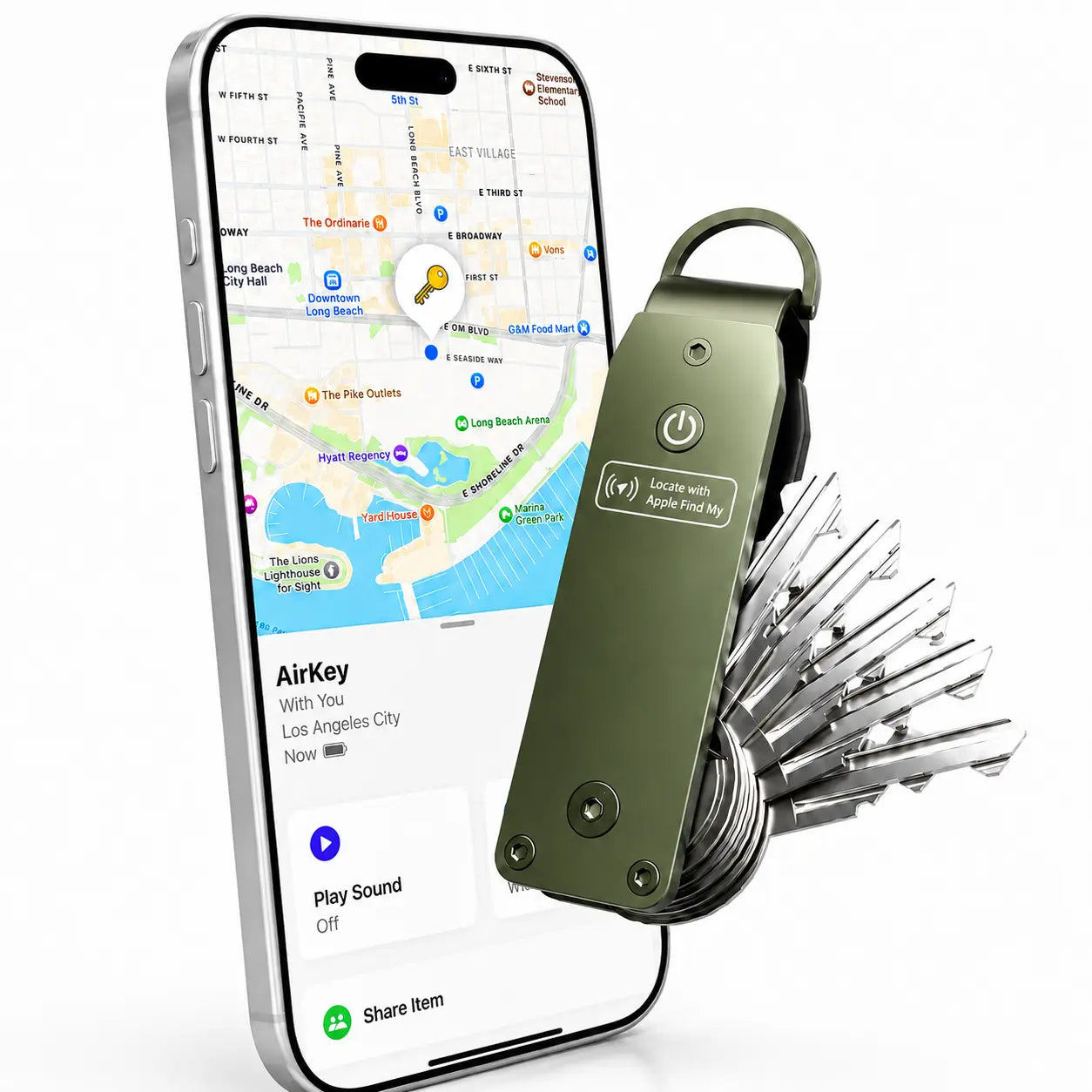 Spring Green compact tracking key organizer beside a tracking phone display #color_Spring Green
