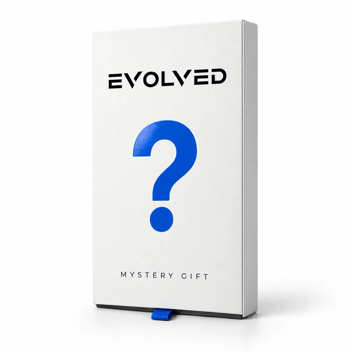 Slim white phone case style box with a blue question mark and pull tab on a white background.