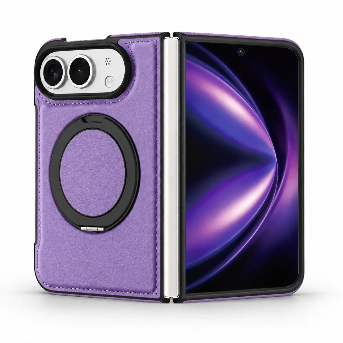 Soft Purple PU leather folding phone case shown open, with the camera back and folded ring stand on the left and the screen on the right. #color_Soft Purple