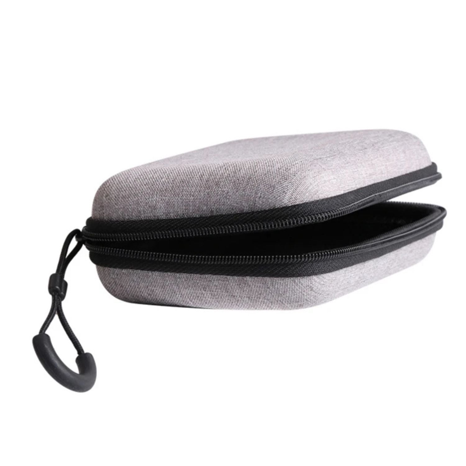 Compact charger travel case partly open, side view