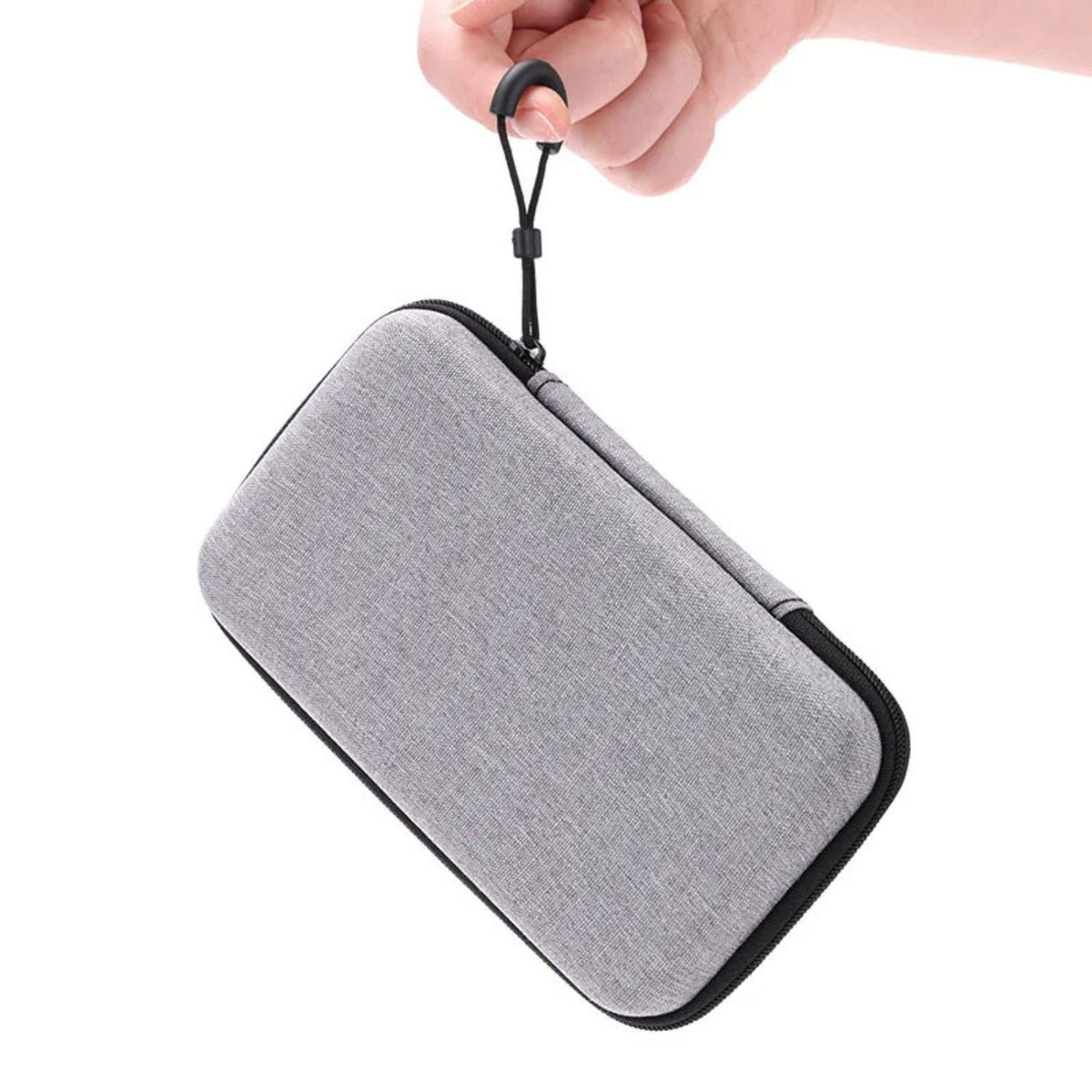 Gray electronics travel case held by its carrying clip