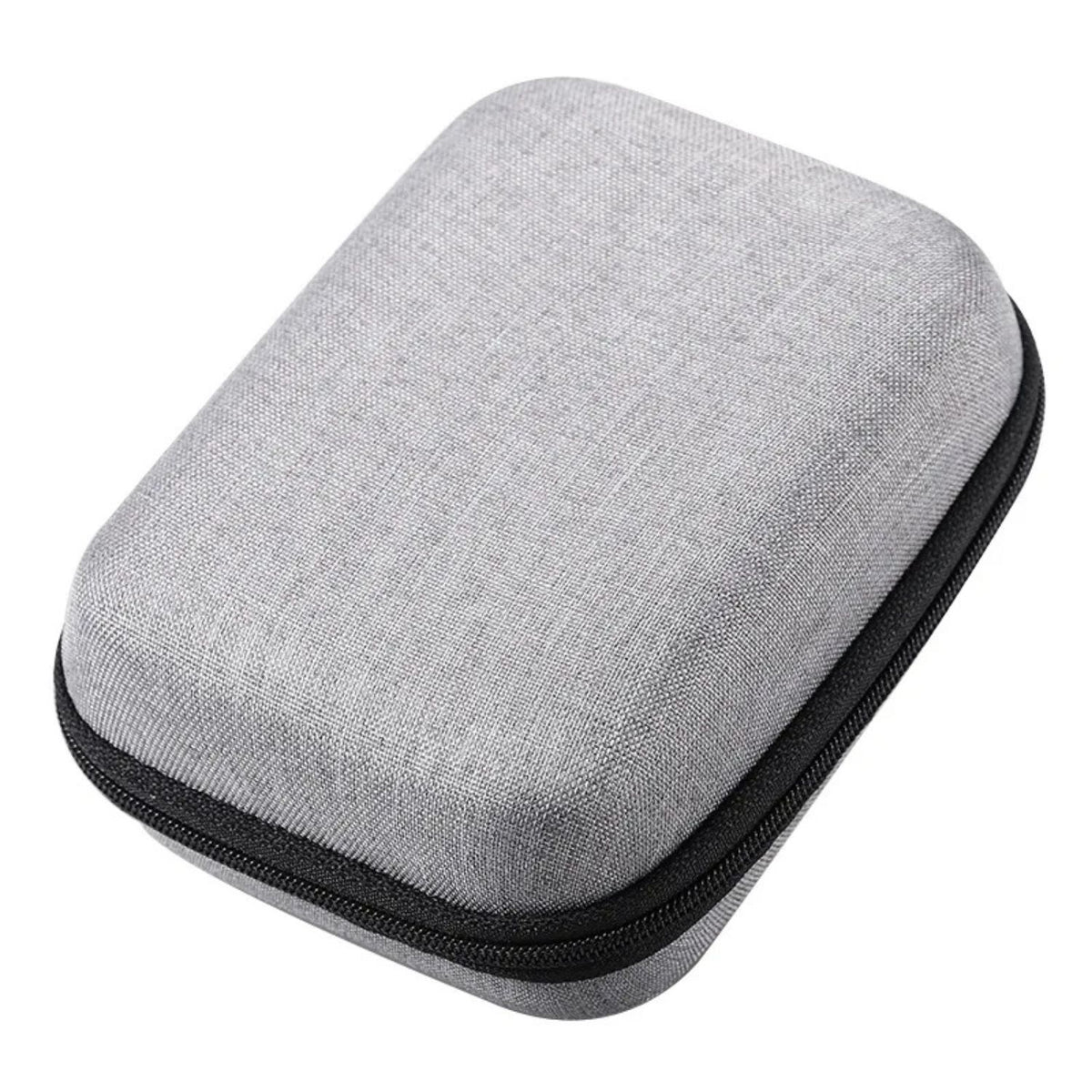 Hard-shell gray travel case for charging accessories, top angle