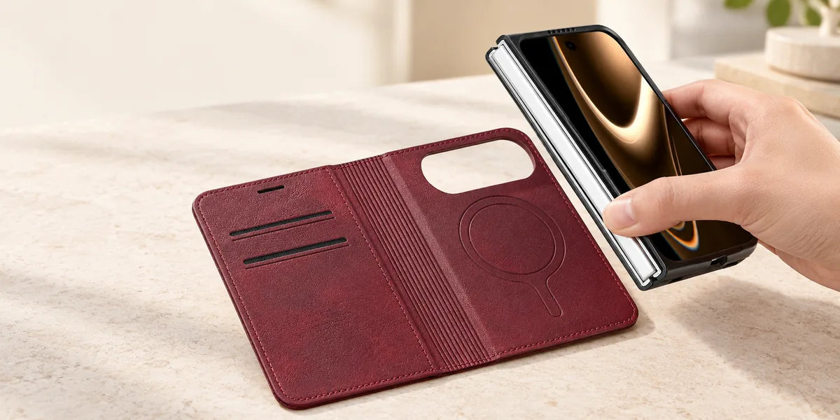 Burgundy phone case being lifted away from the open magnetic wallet folio.