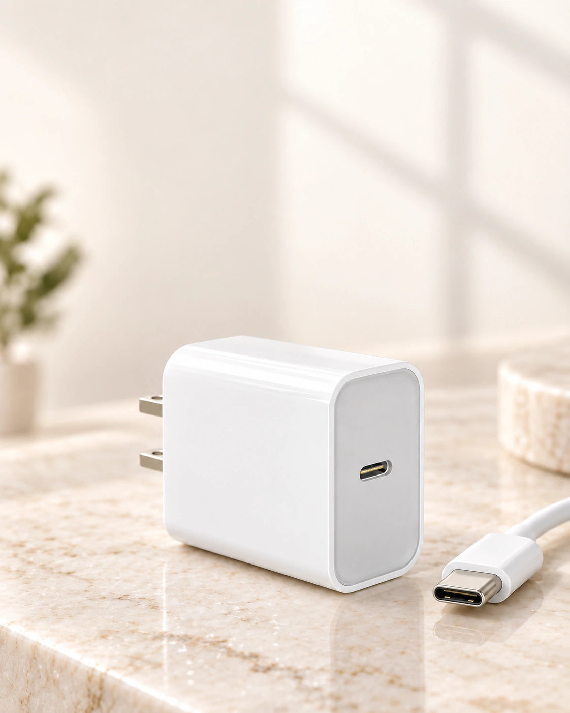 Close-up of the single USB-C port on a compact white power adapter beside a cable connector.