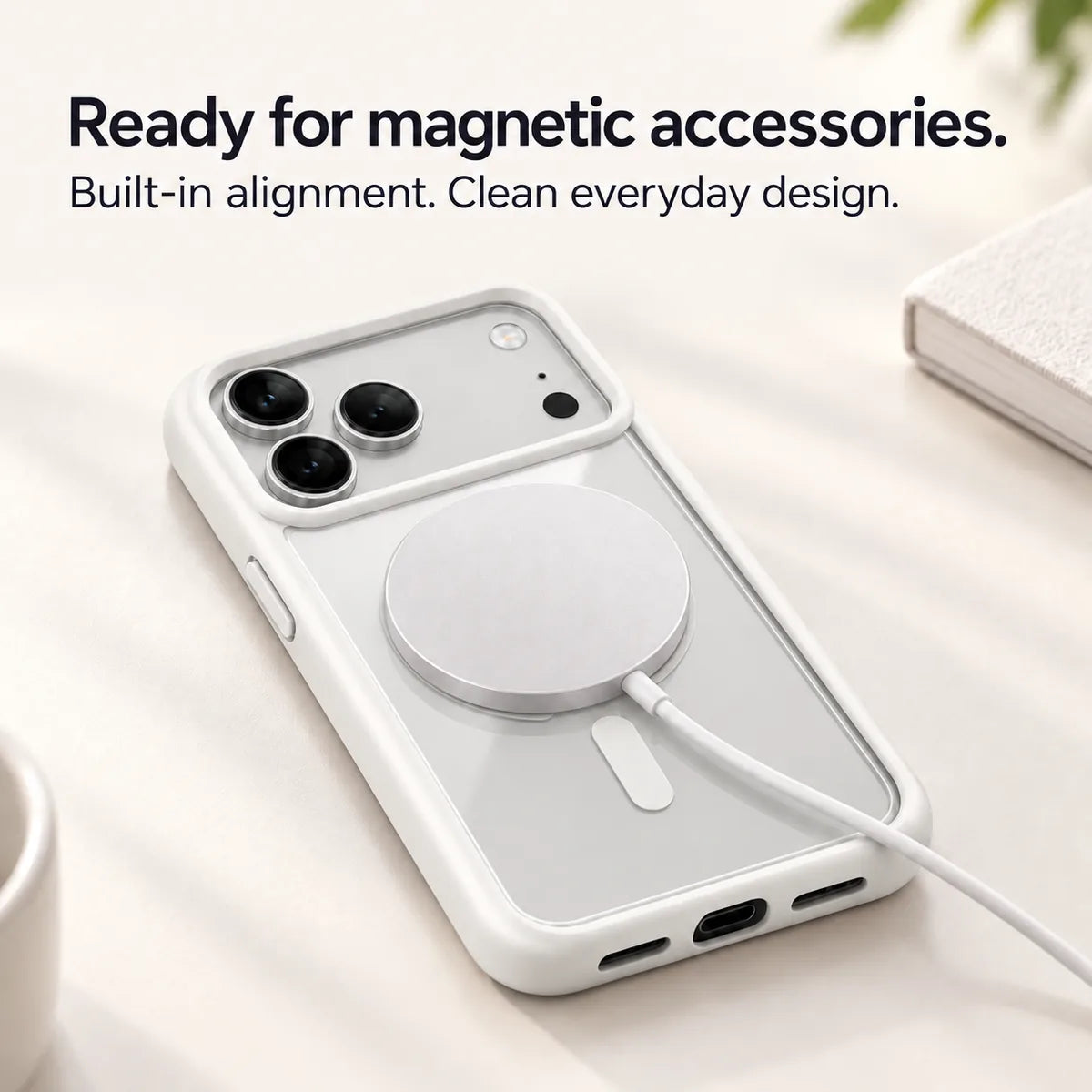 White clear back phone case with a round magnetic charging puck attached. #color_Arctic White