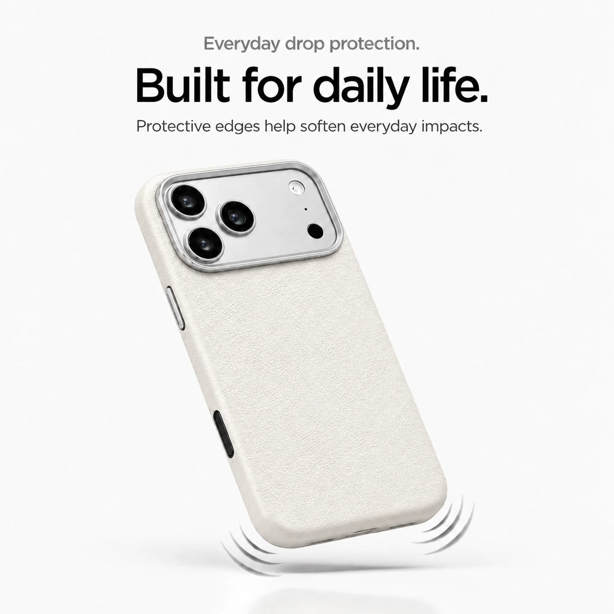 White textured leather phone case with protective edges illustrated by curved impact lines #color_Arctic White